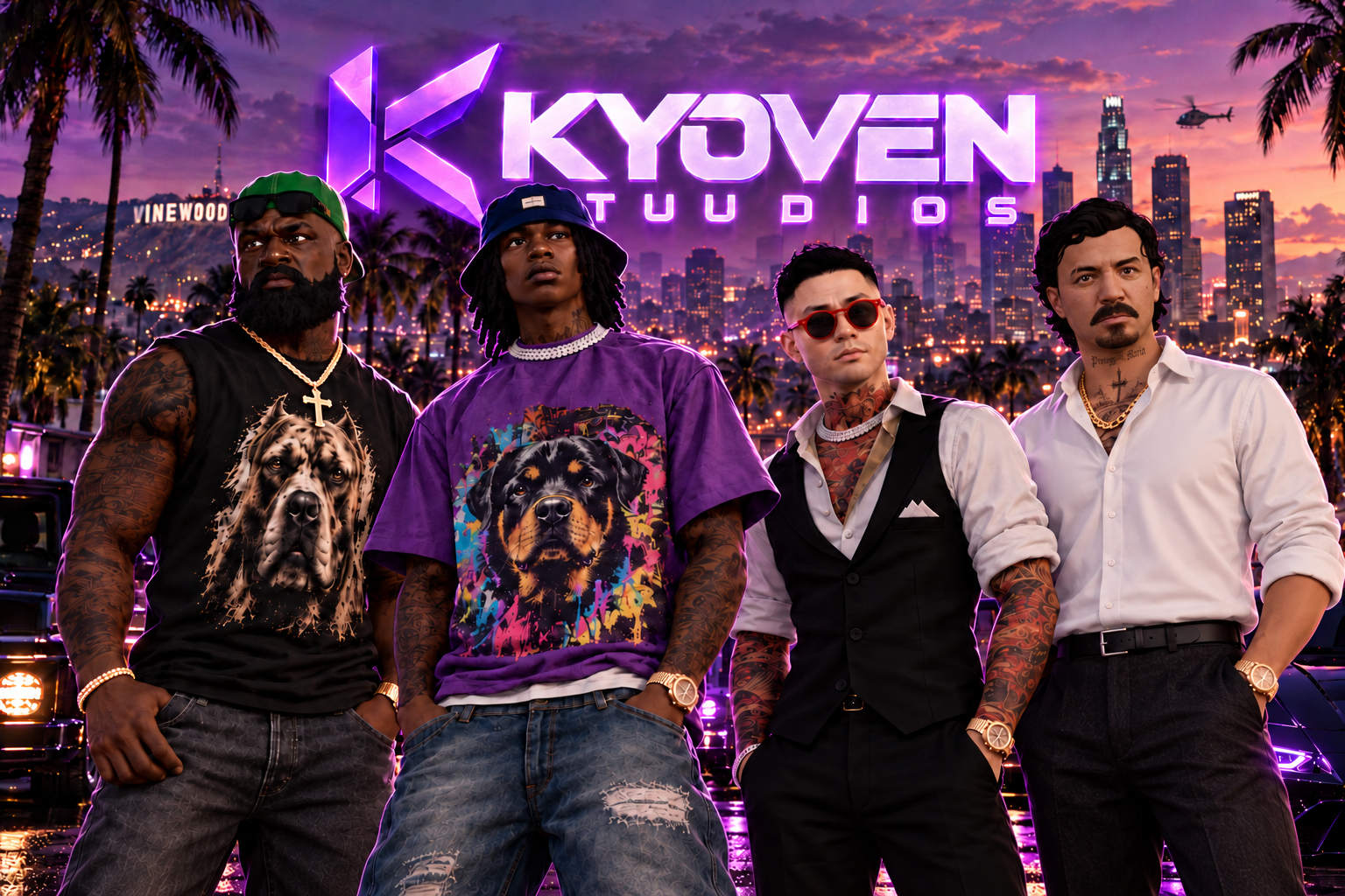 Four original characters in Los Santos with the KYOVEN Studios logo